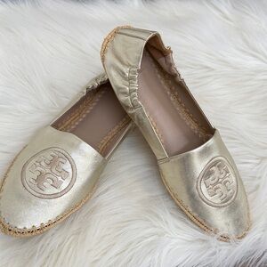 Tory Burch Metallic Gold Logo Espadrille Flats